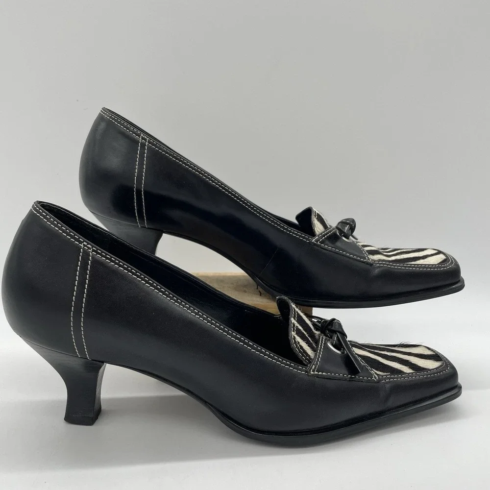 Franco Sarto Womens 6.5 Shoes Zebra Kitten Heel Square Toe Bow Tie Black Leather